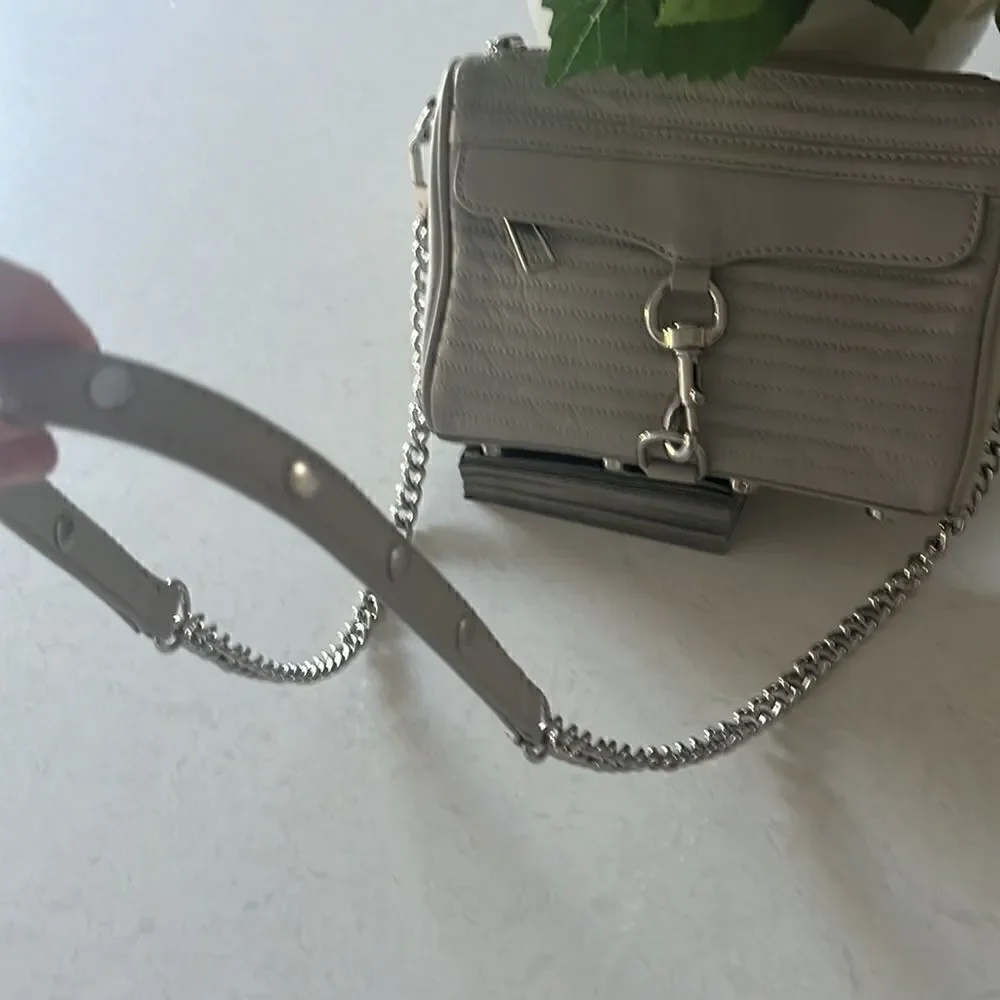 Rebecca Minkoff light gray moto leather bag with silver chain straps, crossbody